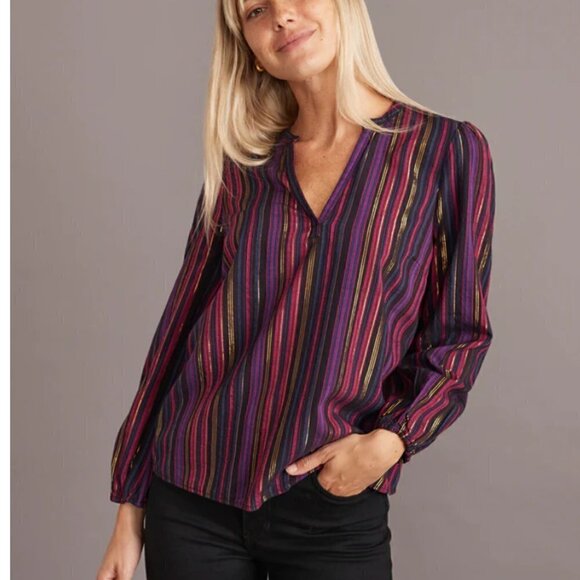 Marine Layer Jamie Banded Collar Top in Lurex Multi Stripe - Picture 1 of 7